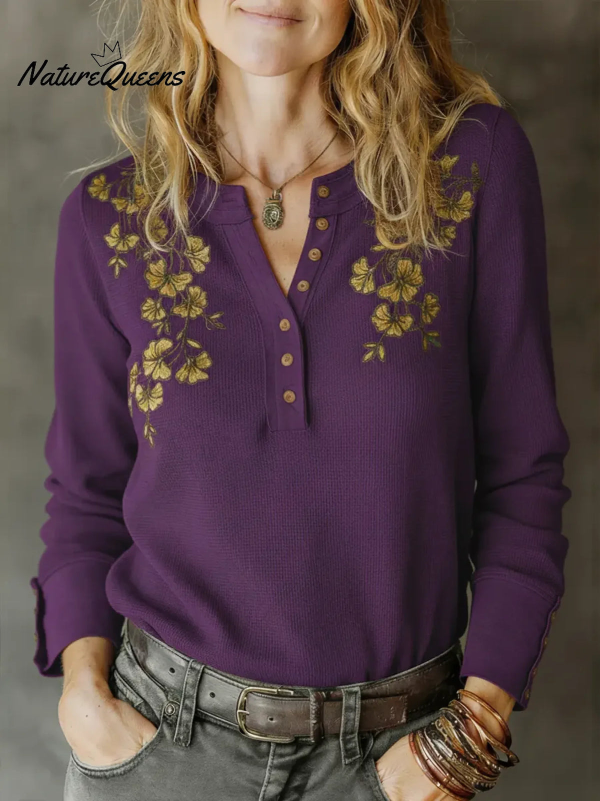 Women's Floral Print Waffle-knit Cotton Henley Top