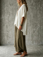 Women's Simple Loose Color-block Simple Cotton-linen Set