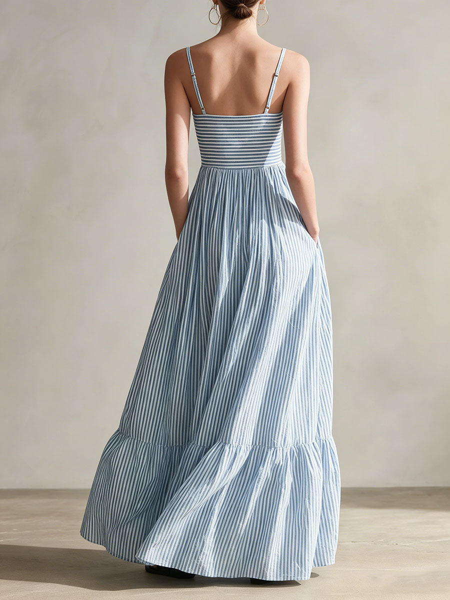 Women's Casual Striped Sleeveless Maxi Dress with Thin Straps