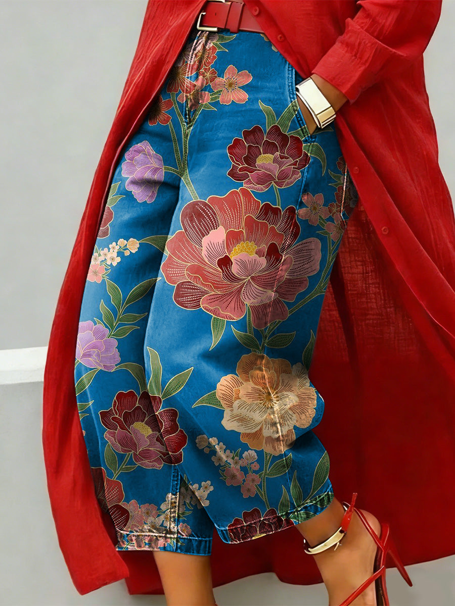 Women's Elegant Floral Decorative Patterns Denim Pants