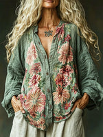 Women's Retro Floral Art Print Casual Cotton Linen Shirt