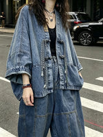 Loose Blue V Neck Button Patchwork Denim Coats Long Sleeve