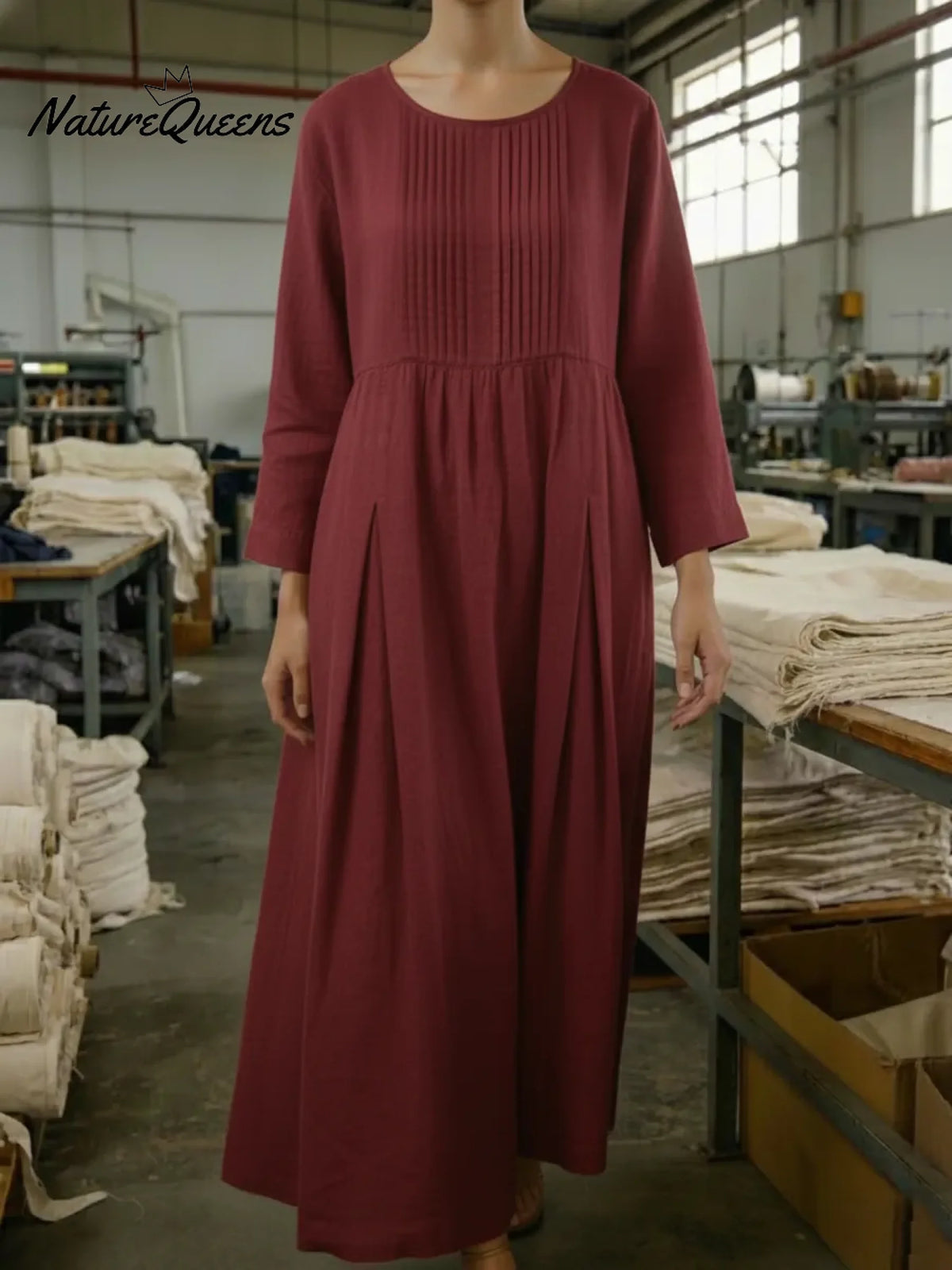 Vintage-style Pleated Linen Midi Dress