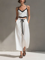 Women's Solid Color Casual Loose Cotton Linen Jacket V-neck Camisole Elastic Waist Drawstring Wide-leg Pants Cotton Linen Three-piece Set