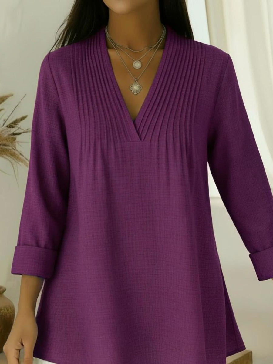 Casual Pleated V-neck Loose Linen-cotton Top
