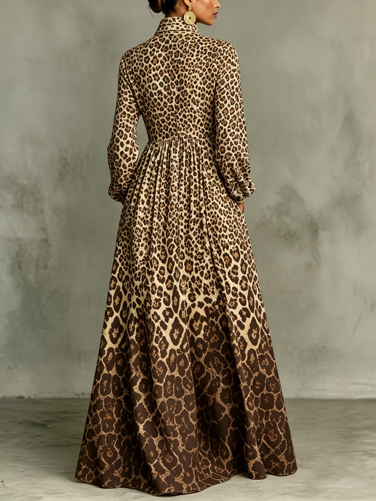 Gradient Leopard Print Stand Collar Button-down Maxi Shirt Dress