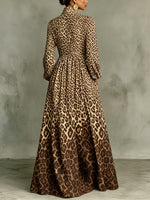 Gradient Leopard Print Stand Collar Button-down Maxi Shirt Dress