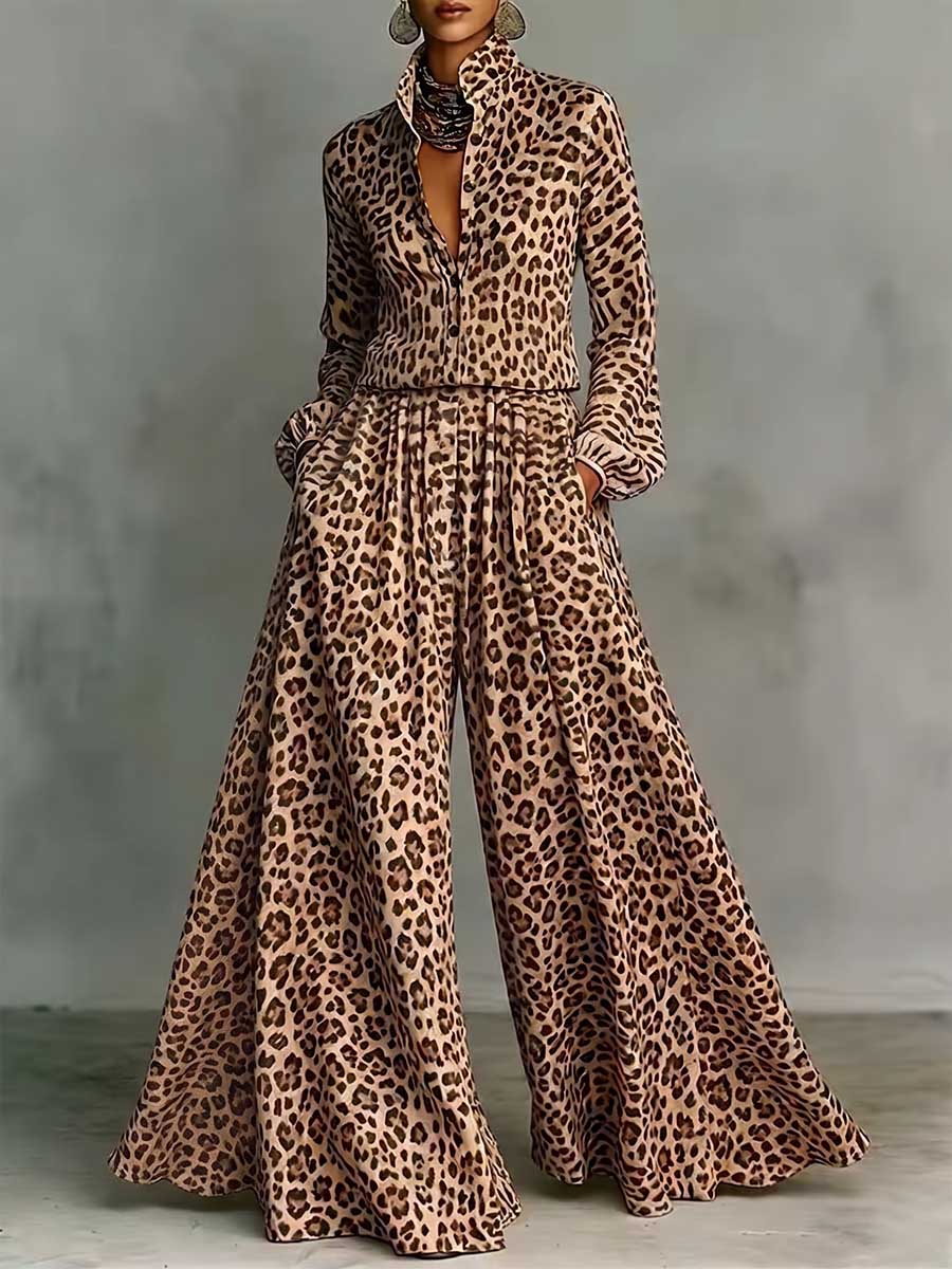 Women's Leopard Print Matching Set: Collared Long-sleeve Loose-fit Casual Top & High-waisted Loose Wide-leg Pants
