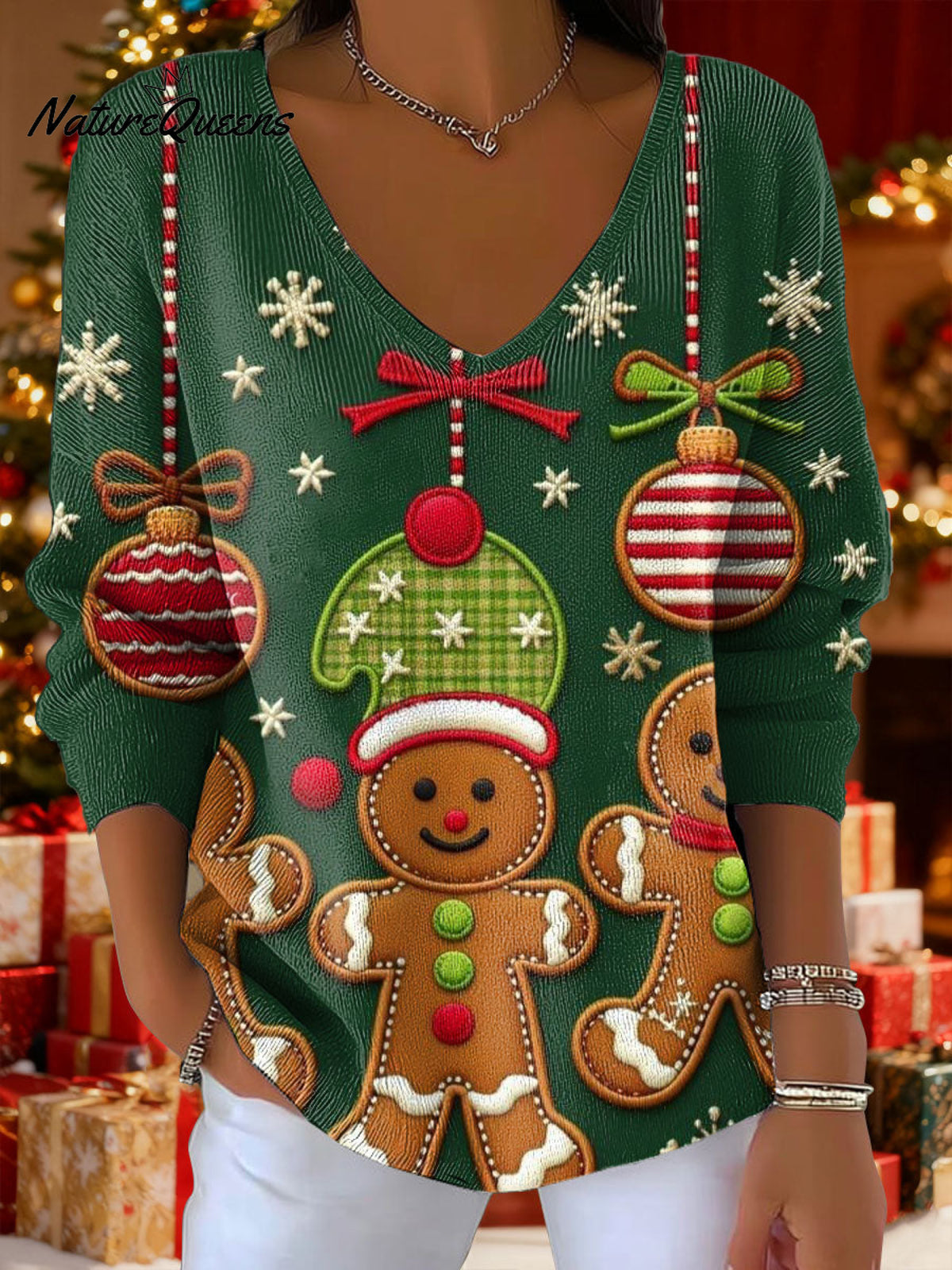 Women's Christmas Gingerbread Man Snow Bird Art Pattern Art Print V-neck Solid Color Loose Shiny Sweater