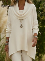 Elegant Draped Collar Irregular Hem Sweater Pullover