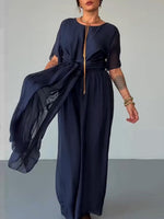 Women's Solid-color Chiffon Two-piece Set: Loose-fit Short-sleeve Round-neck Top & High-waisted Wide-leg Pants