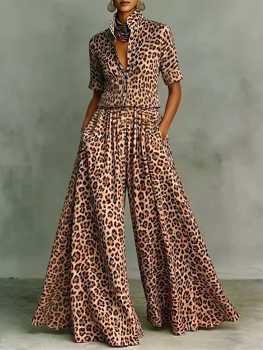 Women's Leopard Print Matching Set: Short-sleeve Shirt-collar Loose-fit Top & High-waisted Wide-leg Pants