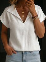 Women's Lapel Collar Short-sleeve Cotton-linen Top