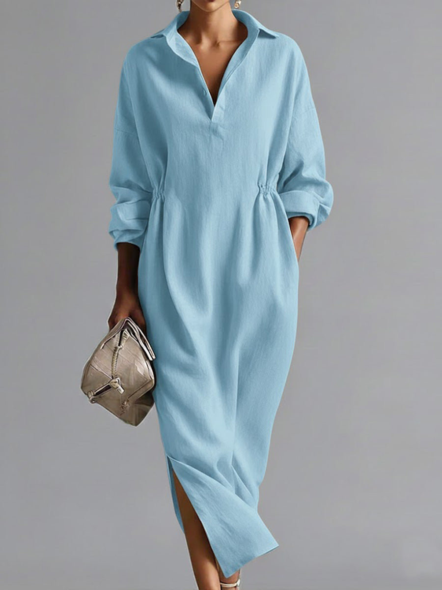 Women's Solid Color Lapel Long-sleeved Casual Loose Cotton Dress