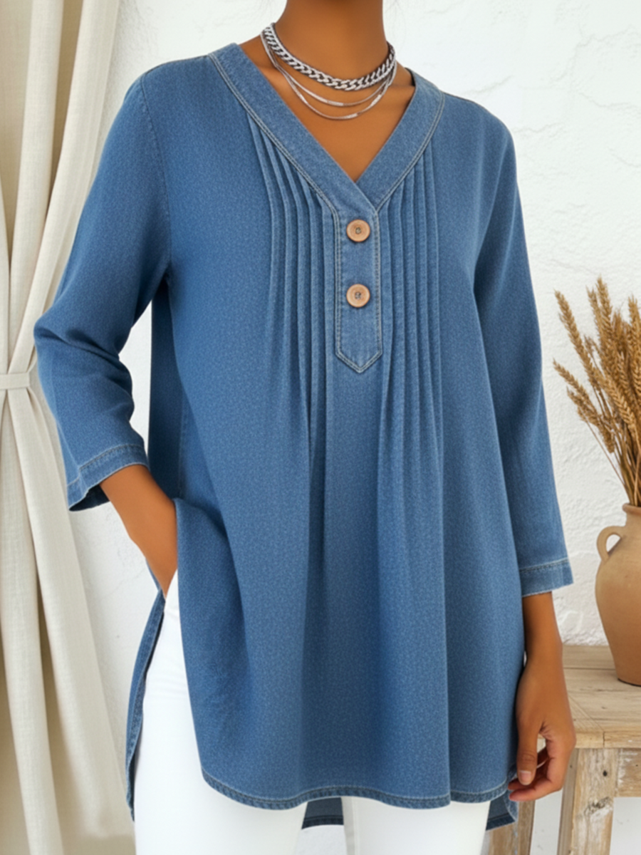 Casual V-neck Pleated Button-up Denim Cotton Top