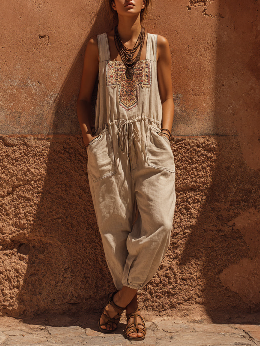 Women's Bohemian Floral Print Cotton-linen Sleeveless Jumpsuit