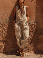 Women's Bohemian Floral Print Cotton-linen Sleeveless Jumpsuit