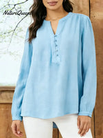 Women's Solid Color V-neck Long-sleeved Casual Loose Cotton And Linen Top