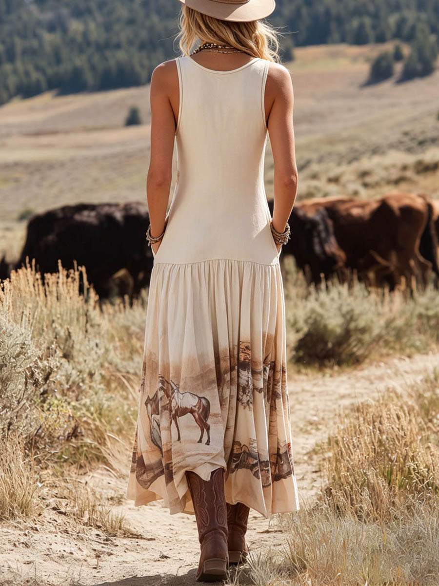 Women's Casual Loose-fit Cotton Dress — Sleeveless Crew Neck Placement Print