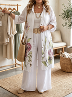 Floral-print Long Shirt And Wide-leg Pants Two-piece Set (cotton-linen Blend)