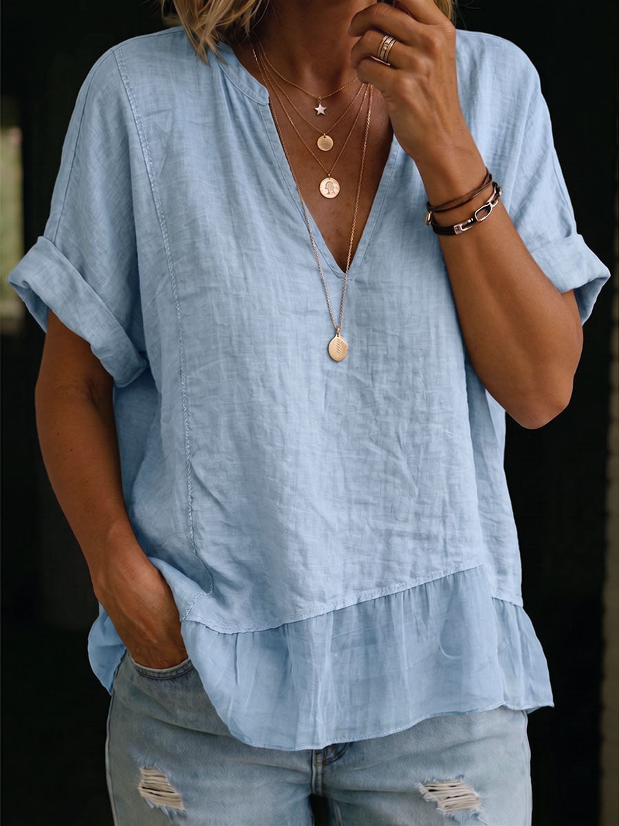 Women's Solid-color V-neck Short-sleeve Casual Loose-fit Cotton-linen & Chiffon Panel Top