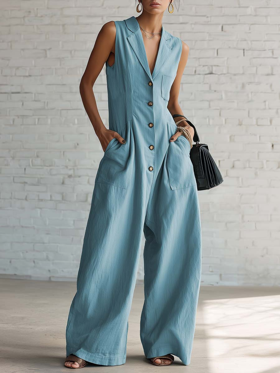 Elegant Lapel Button-up Loose-fitting Linen Jumpsuit