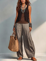 Cozy & Casual Two-piece Set: Chiffon-paneled Cotton Top And Linen-cotton Trousers
