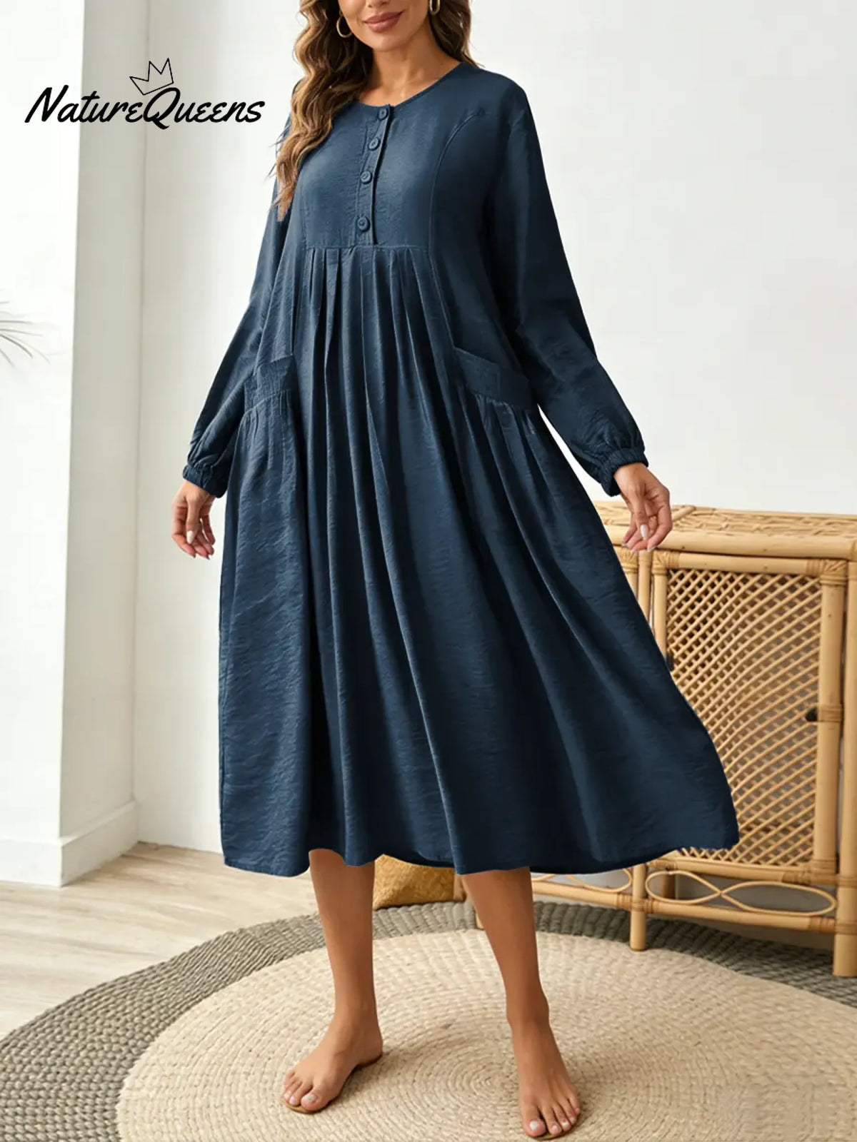 Women's Solid Color Round Neck Long-sleeved Casual Loose Cotton And Linen Dress