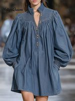 Women's Solid Color Stand-collar Long-sleeved Casual Loose-fitting Pleated Cotton Dress