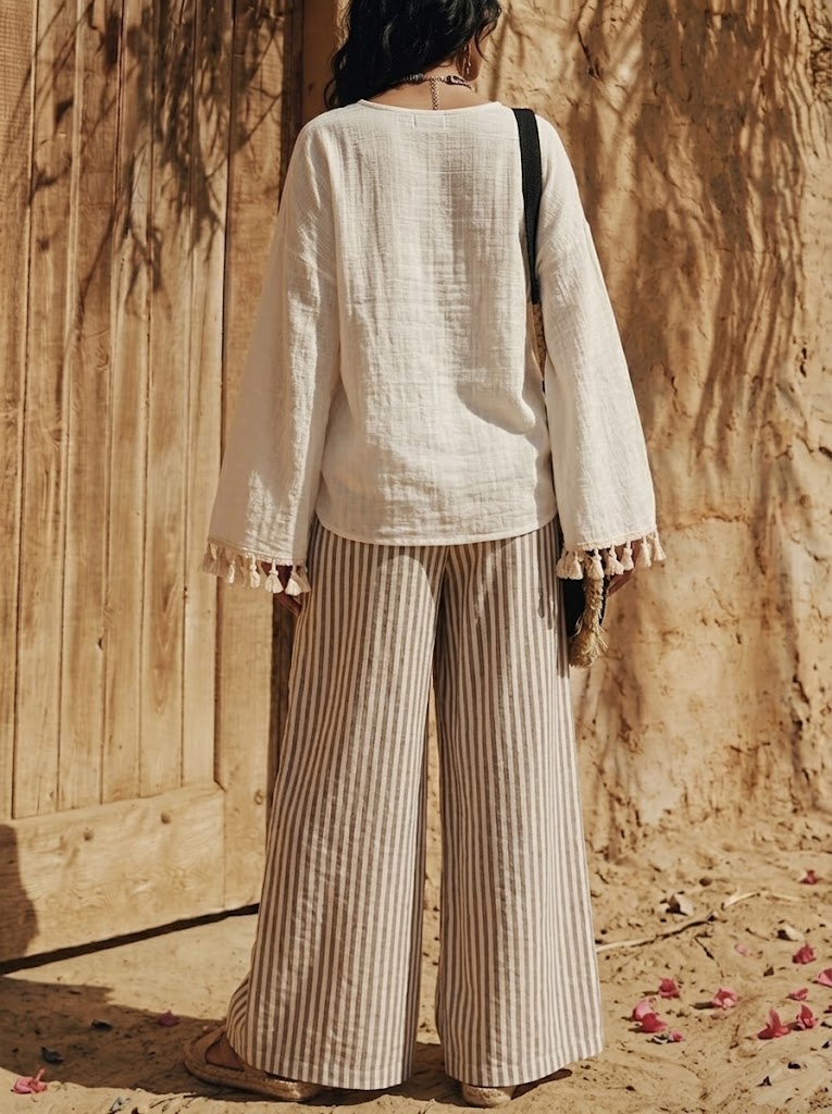 Women's Bohemian Style Tassel Striped Cotton-linen Casual Set