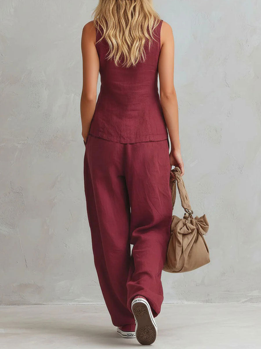 Solid-color Sleeveless V-neck Color-block Wide-leg Pant Set