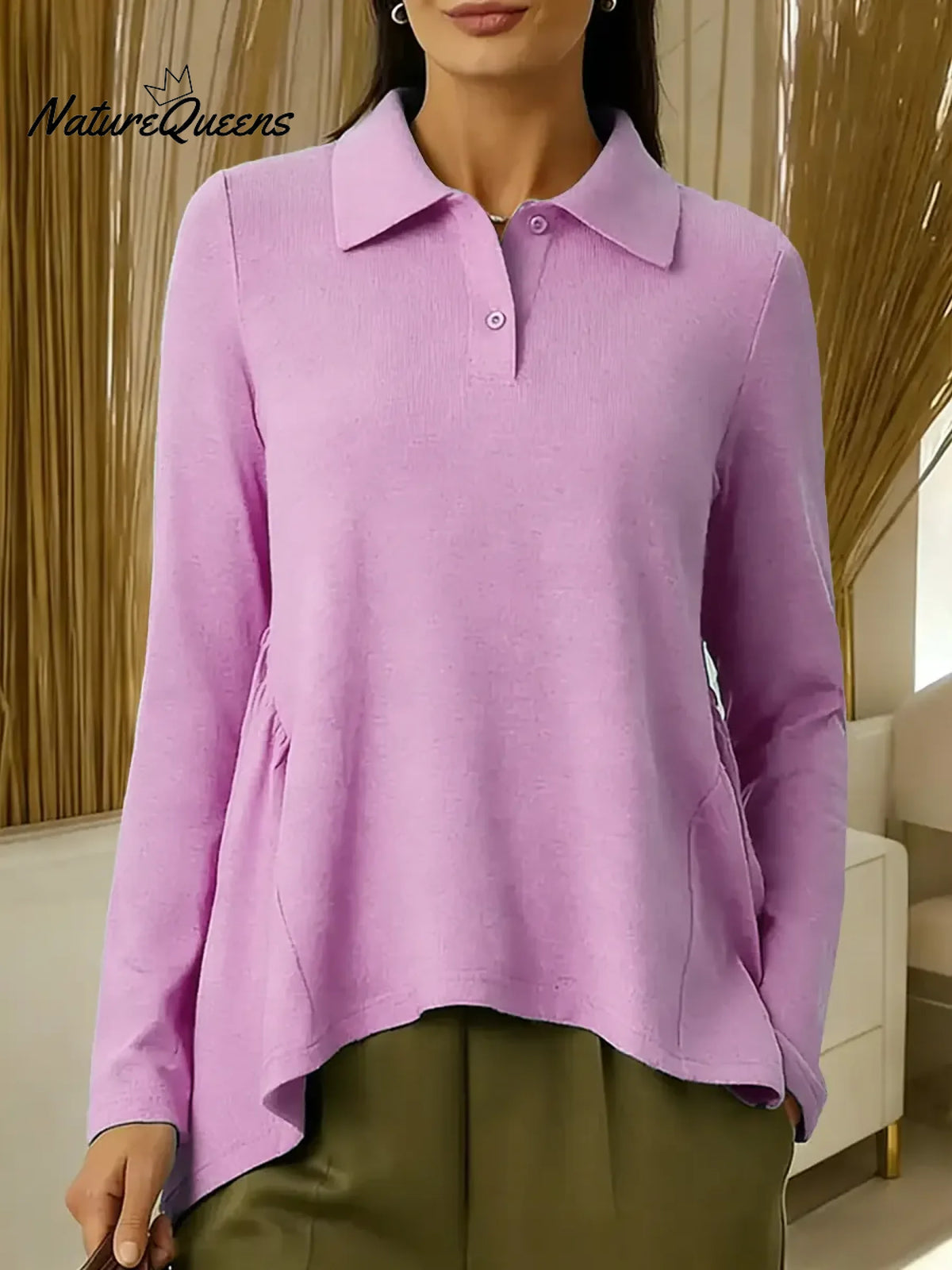 Women's Solid Color Shirt Collar Long-sleeved Casual Loose Top With Irregular Hem.