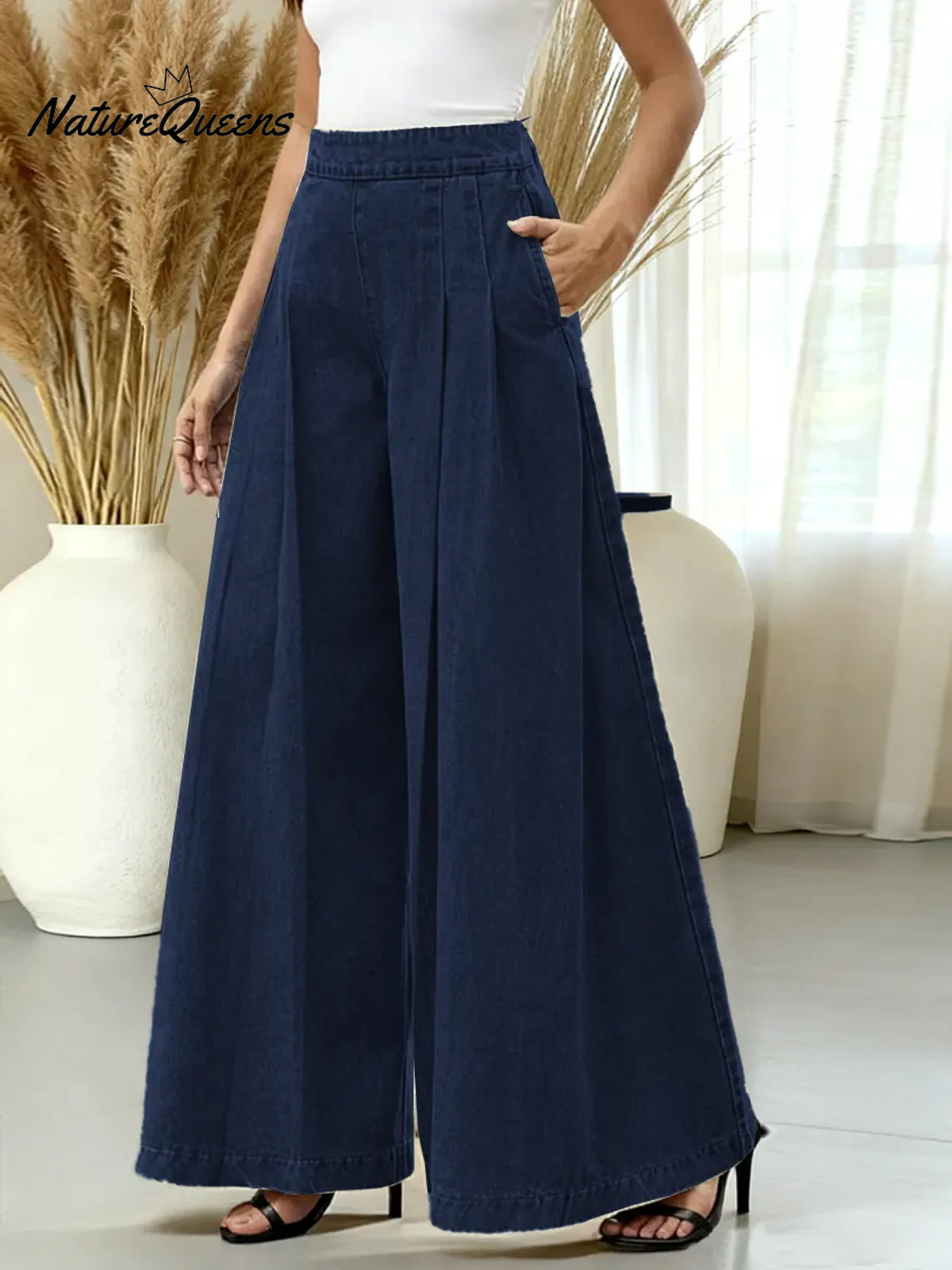 Women's Solid Color High-waisted Casual Loose Cotton Wide-leg Pants