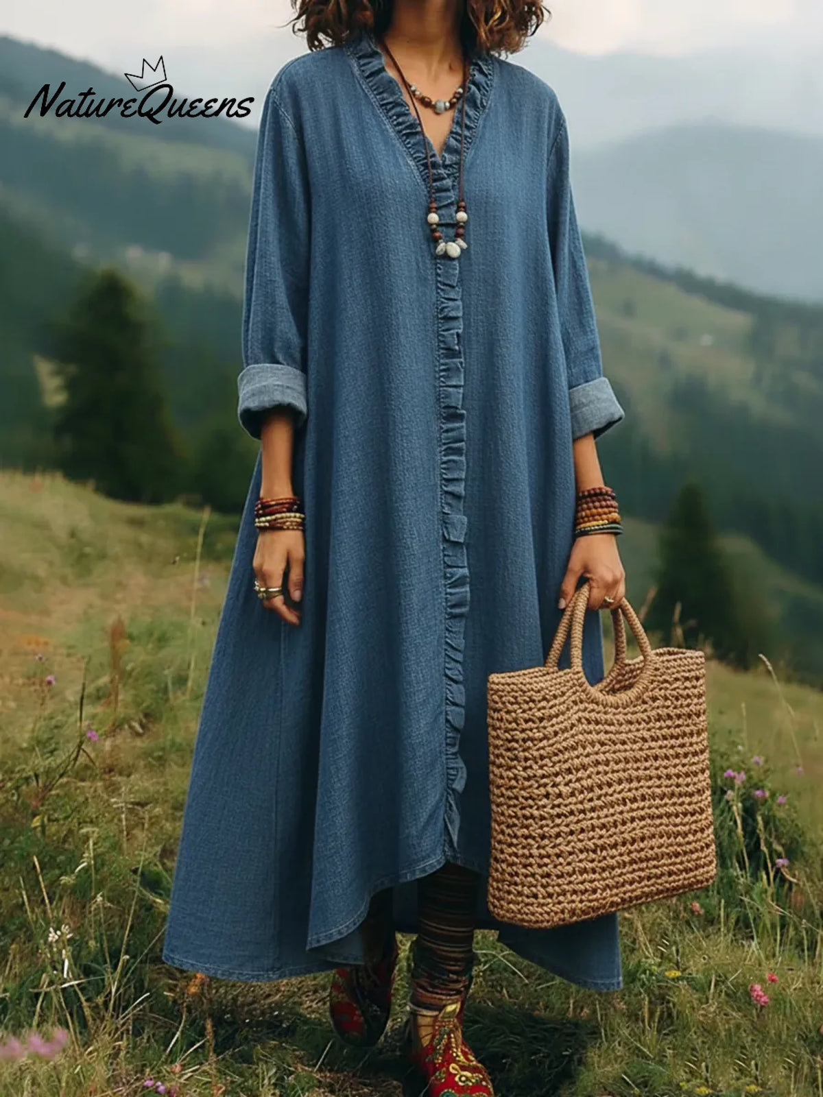 Boho Style Casual Lace V-neck A-line Cotton Dress