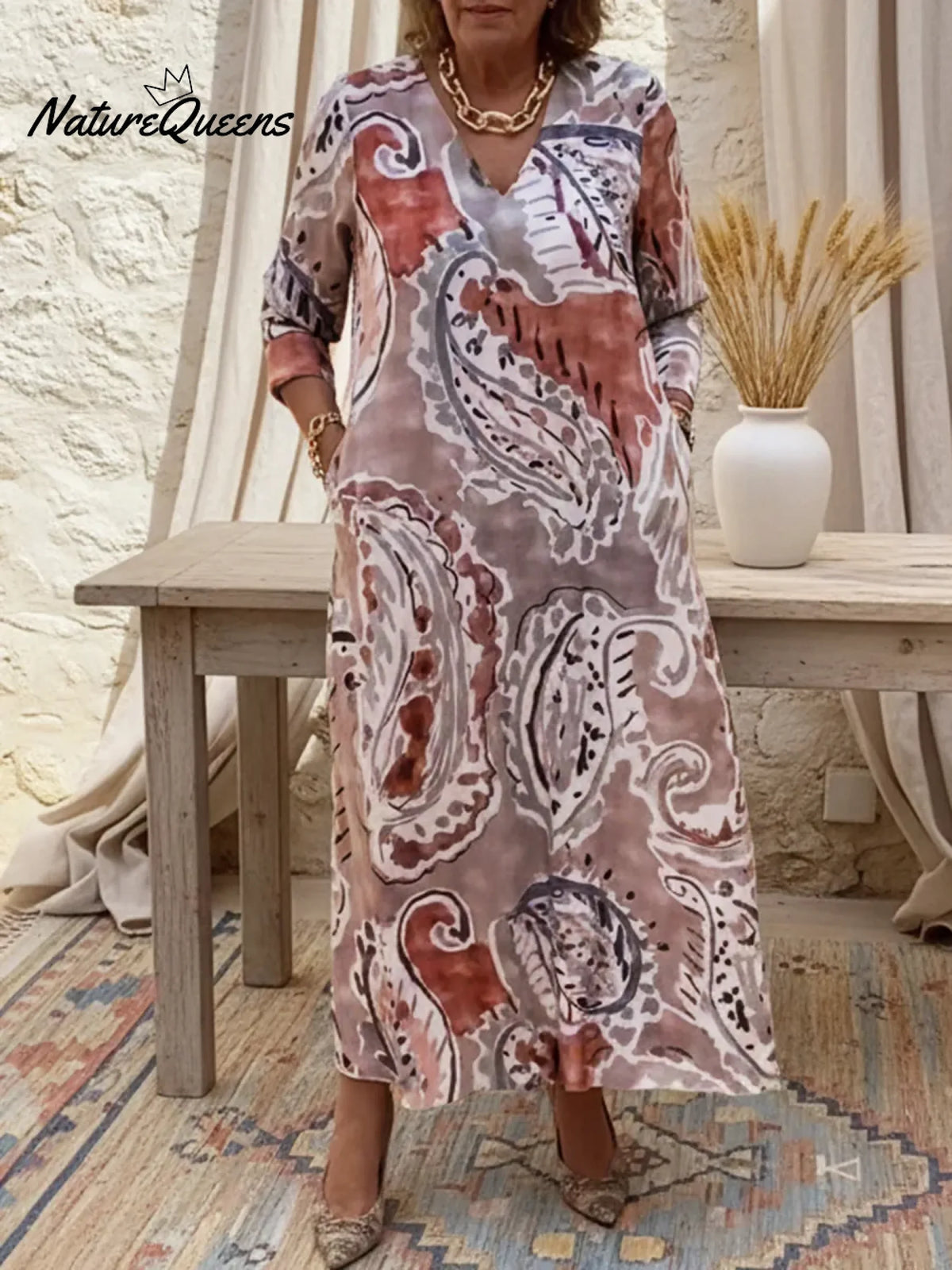 Retro V-neck Paisley Print Linen Midi Dress