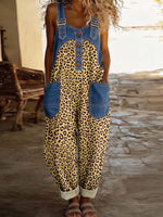 Women's Sleeveless Leopard Print Casual Loose Denim-paneled Wide-leg Jumpsuit