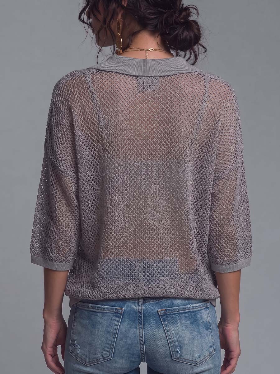 Women's Solid Color Pullover Collared 3/4 Sleeve Casual Loose Mesh Top