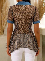 Women's Leopard Print Peter Pan Collar Short-sleeve Casual Loose Denim Cardigan With Chiffon Panels