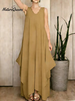 Women's Solid Color V-neck Sleeveless Loose Casual Cotton And Linen Dress