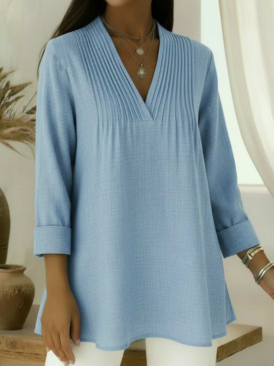 Casual Pleated V-neck Loose Linen-cotton Top