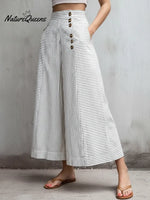 Women's Casual Striped Linen And Cotton Wide-leg Trousers