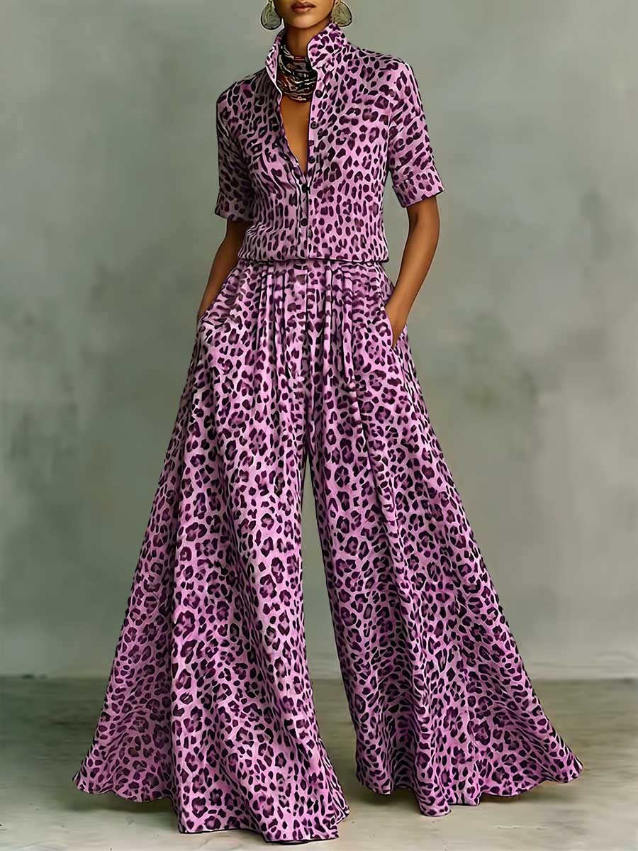 Women's Leopard Print Matching Set: Short-sleeve Shirt-collar Loose-fit Top & High-waisted Wide-leg Pants