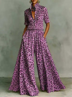 Women's Leopard Print Matching Set: Short-sleeve Shirt-collar Loose-fit Top & High-waisted Wide-leg Pants