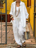 Women's Solid-Color Cotton-Linen Two-Piece Set: Long-Sleeve Loose-Fit Top with Lapel Collar & Casual Wide-Leg Pants with Elastic Waist