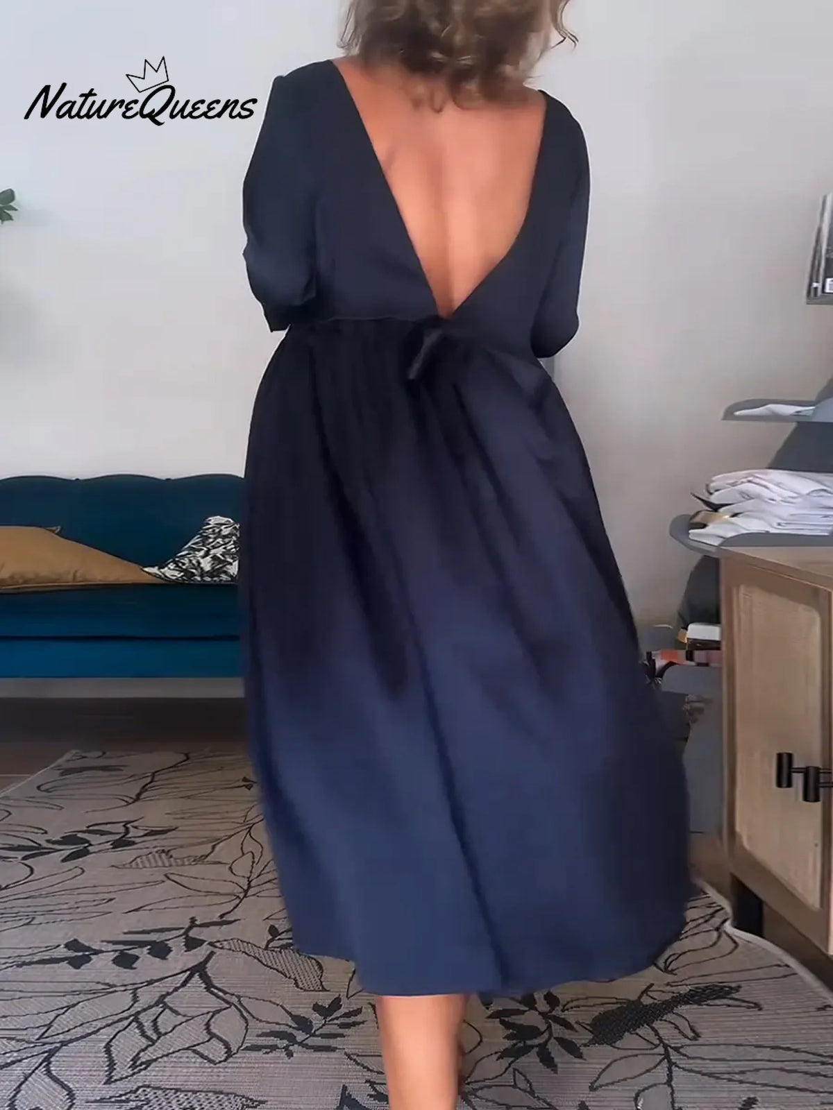 Women's Solid Color Round Neck Three-quarter Sleeve Loose Fit Satin Dress