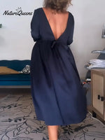 Women's Solid Color Round Neck Three-quarter Sleeve Loose Fit Satin Dress