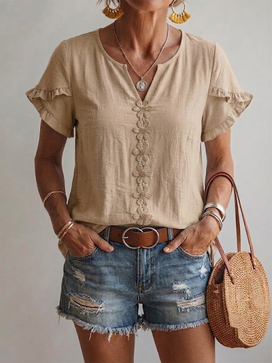 Floral-embroidered V-neck Casual Shirt With Ruffled Short Sleeves
