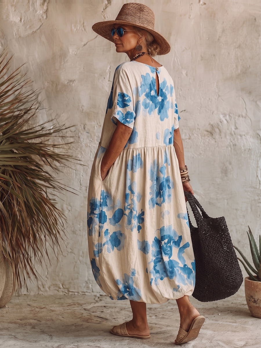Artistic Blue Watercolor Floral Print Bud Dress