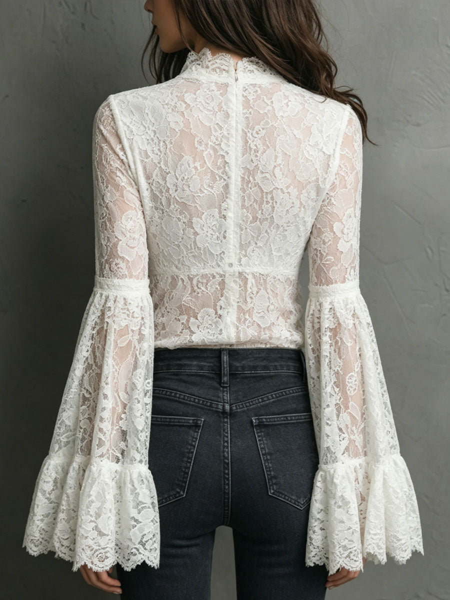 Women's Lace Flared-sleeve V-neck Long-sleeve Shirt