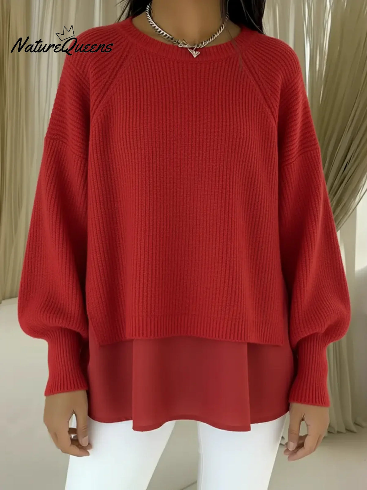 Women's Comfortable Patchwork Faux Two-piece Lantern Sleeve Sweater